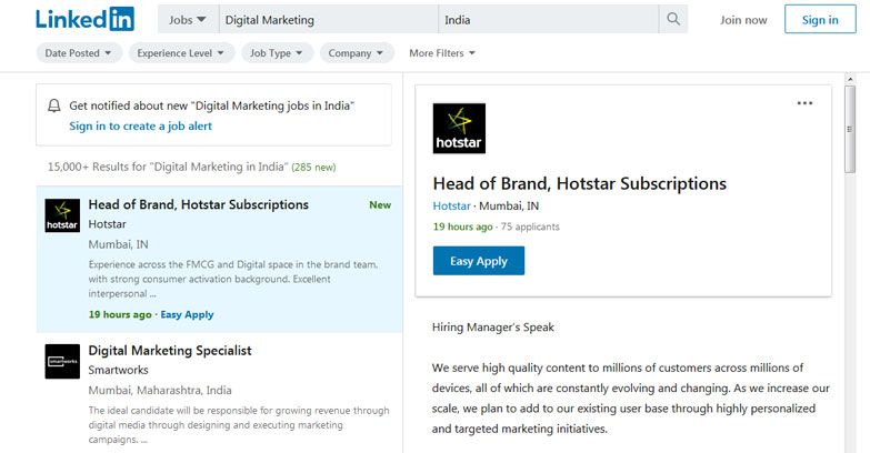 digital marketing jobs in india linkedin
