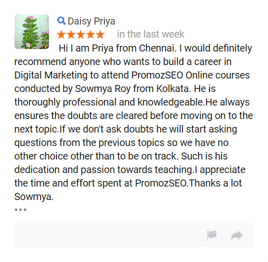 Hi I am Priya from Chennai. I would definitely recommend anyone who wants to build a career in Digital Marketing to attend PromozSEO Online courses conducted by Sowmya Roy from Kolkata. He is thoroughly professional and knowledgeable.He always ensures the doubts are cleared before moving on to the next topic.If we don't ask doubts he will start asking questions from the previous topics so we have no other choice other than to be on track. Such is his dedication and passion towards teaching.I appreciate the time and effort spent at PromozSEO.Thanks a lot Sowmya.