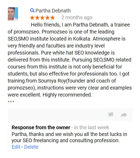 Hello friends, I am Partha Debnath, a trainee of promozseo. Promozseo is one of the leading SEO,SMO institute located in Kolkata. Atmosphere is very friendly and faculties are industry level professionals. Pure white hat SEO knowledge is delivered from this institute. Pursuing SEO,SMO related courses from this institute is not only beneficial for students, but also effective for professionals too. I got training from Soumya Roy(founder and coach of promozseo), instructions were very clear and examples were excellent. Highly recommended.