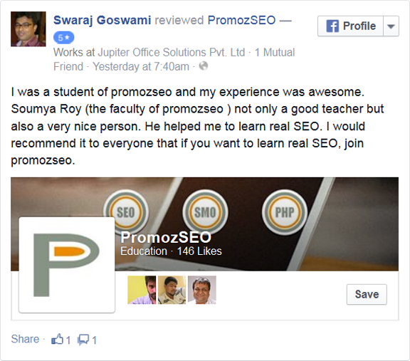 I was a student of promozseo and my experience was awesome. Soumya Roy (the faculty of promozseo ) not only a good teacher but also a very nice person. He helped me to learn real SEO. I would recommend it to everyone that if you want to learn real SEO, join promozseo.