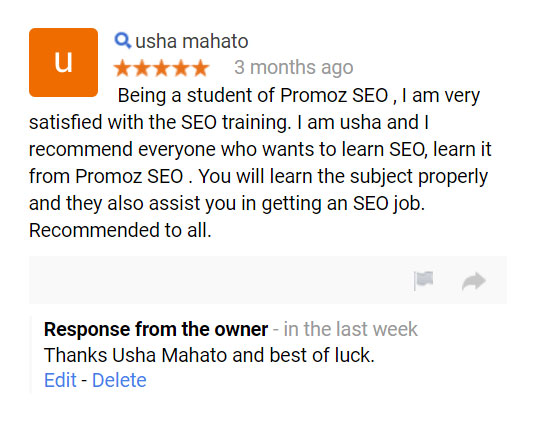 Being a student of Promoz SEO , I am very satisfied with the SEO training. I am usha and I recommend everyone who wants to learn SEO, learn it from Promoz SEO . You will learn the subject properly and they also assist you in getting an SEO job. Recommended to all.